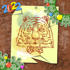 A painted tiger on a crumpled piece of paper surrounded by decorated branches of a Christmas pine tree and the inscription 2022. Textured background. Vector illustration
