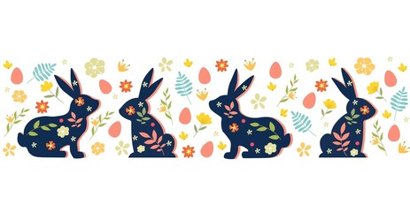 Obraz premium Happy Easter set. Collection of bunnies as background. Repetitive patterns proportion of wrapping paper or printing on linens. Holiday posters, cute banners. Cartoon flat vector illustration