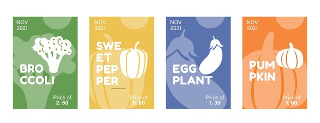 Set of posters about vegetables. Collection of cards with goods for grocery store. Vitamins, fresh,healthy and natural products. Cartoon flat vector illustrations isolated on white background
