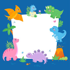Cute little dinosaurs with a frame in hand-drawn cartoon style. Funny colorful characters with volcano, palm tree, tropical leaves. Template for text or photo. Vector illustration can be used for