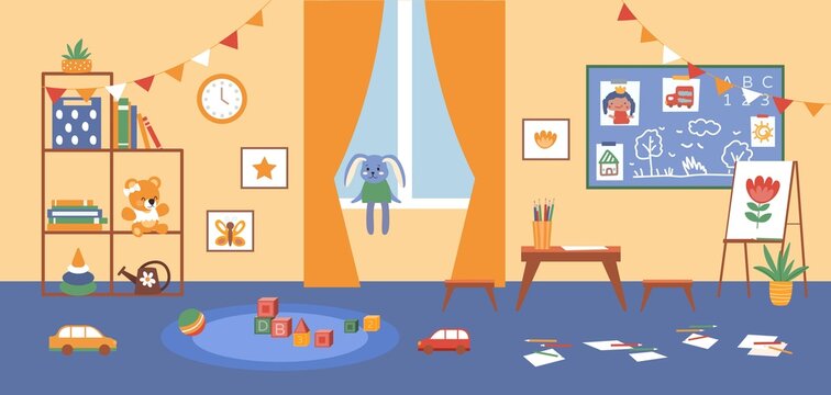 Kindergarten interior concept. Image of room littered with things. Adolescent disorder. Lots of toys on floor, plus canvas with painting tools. Home, apartment. Cartoon flat vector illustration
