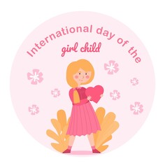 International day of girl child. Kid protection importance reminder, cute poster, graphic elements for website, poster or banner. Stylish logo or icon, love and care. Cartoon flat vector illustration