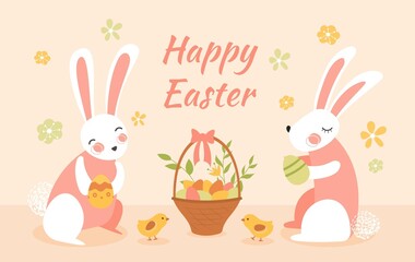 Happy Easter card. International religious holiday. Beautiful background, website design element, picture for printing on fabric. Two rabbits sit by basket, bunny. Cartoon flat vector illustration