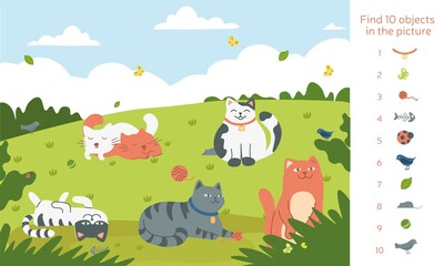 Find ten objects with cats. Developing pictures. Education, development of mindfulness and other abilities in child. Finding Difference, Concentration Exercises. Cartoon flat vector illustration