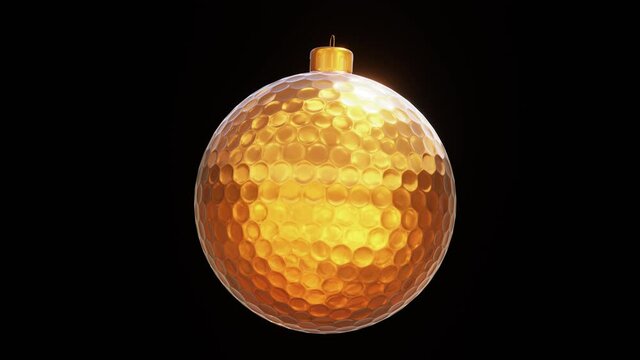 Realistic looping 3D animation of the spinning golden golf ball as Christmas decoration rendered in UHD with alpha matte