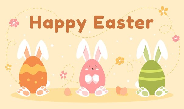 Easter rabbit eggs. Rabbits, symbols of holiday. Greeting and invitation card, postcard, gift. Cute picture for printing on fabric, childrens posters and banners. Cartoon flat vector illustration