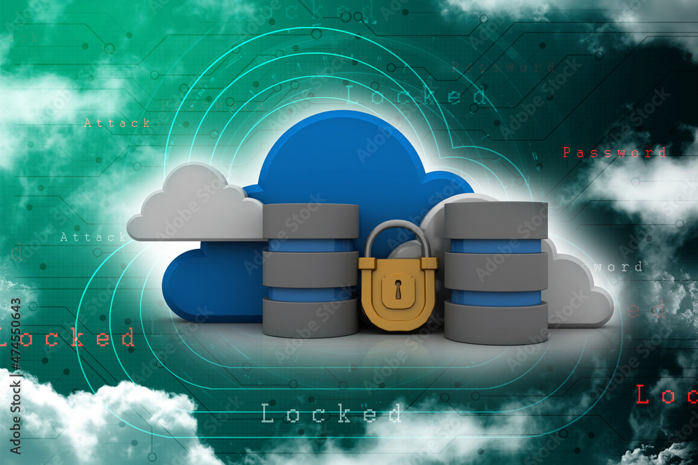 Poster 3d illustration database storage security concept. disk with cloud lock