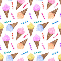 Seamless pattern with ice cream cone and striped candy sticks. ice cream pattern
