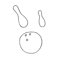 Beautiful hand-drawn black vector illustration of one bowling ball and two pins isolated on a white background for coloring book for children