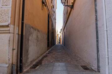 Narrow alley paved with cobblestones.