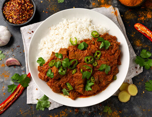 Traditional Beef curry with rice and Spicy