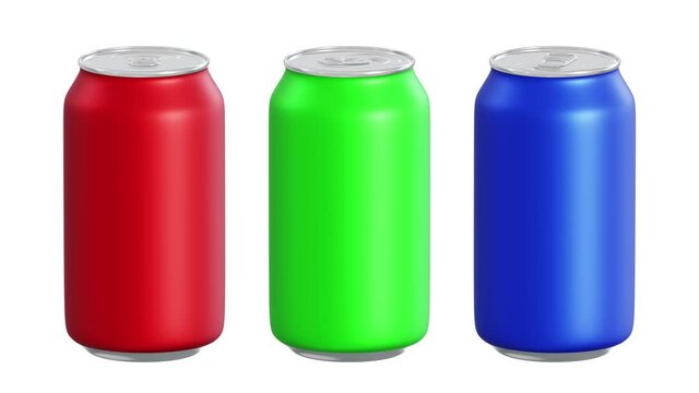 Realistic seamless looping 3D animation of the spinning matte red, green and blue blank alcohol or soft drink tin cans rendered in UHD with alpha matte