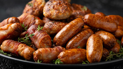 Pigs in Blankets, cocktail sausages and meatballs on plate. Party food