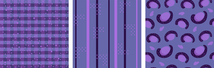 Set of Vector seamless pattern with stripes, polka dots, checkered, square, leopard, lines in violet red, purple color on Very Peri background. Trendy color gradient geometry. Geometric Cute print.
