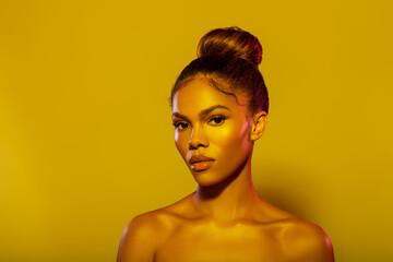 Beauty style Fashionable portrait of American Girl in mustard filter. Beauty girl face close up. Closeup portrait black woman with copy space. Art makeup and beautiful portrait lighting.- image.   - Powered by Adobe