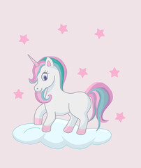 Cute unicorn on the cloud and stars
