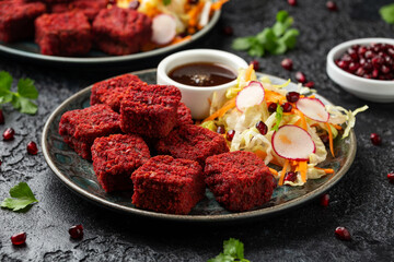 Beetroot and hazelnut bites with pomegranate glaze, vegetarian, vegan party finger food