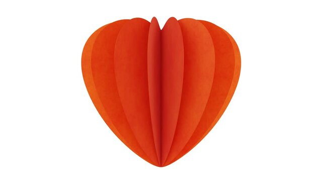 Realistic looping 3D animation of the spinning orange paper heart rendered in UHD with alpha matte
