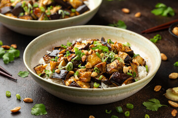 Asian Eggplant with rice, peanuts and spring onion. Healthy food.