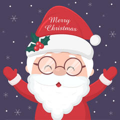 Merry Christmas and Happy New Year. Cheerful Santa Claus in glasses, the inscription on the cap, holds his hands up. Isolated on a background of the night sky and snowflakes.