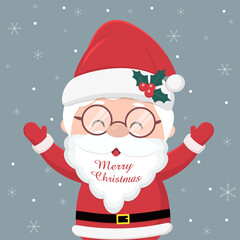 Merry Christmas and Happy New Year. Cheerful Santa Claus in glasses holds his hands up, the inscription on his beard. Isolated on a light background and snowflakes.