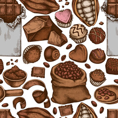 Seamless pattern with hand drawn colored cocoa beans, cocoa, chocolate, chocolate candies