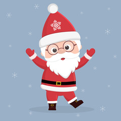 Merry Christmas and Happy New Year. Cheerful Santa Claus in glasses stands in full growth and raised his hands up. Isolated on a light background and snowflakes.