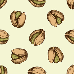 Seamless pattern with hand drawn colored pistachio