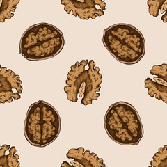 Seamless pattern with hand drawn colored walnut