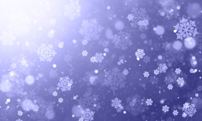 Festive abstract background with snowflakes and bokeh and snow on a dark background. Color Very Peri