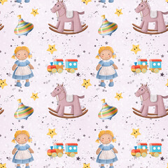 Fototapeta premium newborn room seamless pattern with doll and toys, colorful background, children's wallpaper