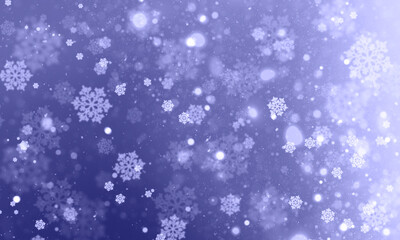 Festive abstract background with snowflakes and bokeh and snow on a dark background. Color Very Peri