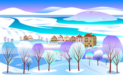 Winter. Snowy trees, snowy hills, village, icy river, mountains. Vector illustracion.