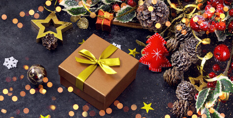 Christmas gift box and copy space. Christmas background