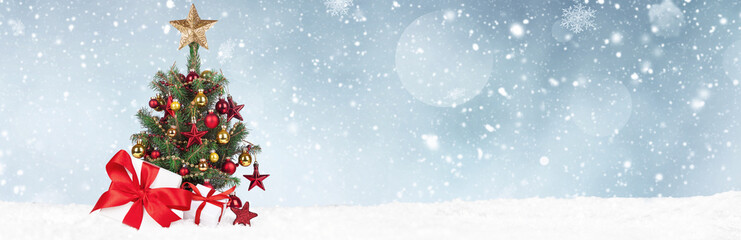 Christmas Tree with decoration on a winter background.