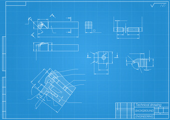 Mechanical engineering drawings on blue background. Cutter, assembly tool with replaceable multi-faceted plate. Technical Design. Cover. Blueprint. Vector illustration.