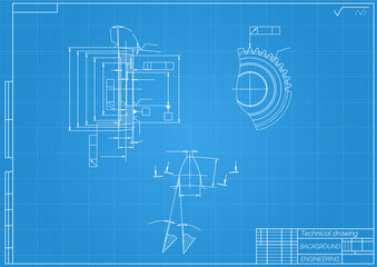 Mechanical engineering drawings on blue background. Gear cutting tool. Technical Design. Cover. Blueprint. Vector illustration.