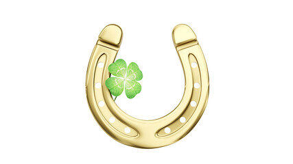 Horseshoe with lucky clover on white background. 3d illustration