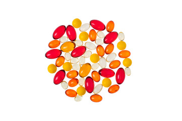 Multicolored transparent capsules with vitamins or medicine isolated