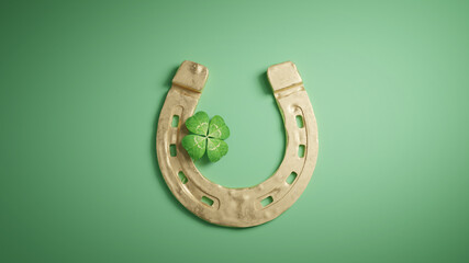 Horseshoe and lucky clover with copy space. 3d illustration