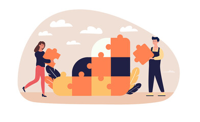 Team work concept. Characters put together picture from puzzles, employees build companys success. Working towards common goal, cooperation, partnership, coworking. Cartoon flat vector illustration