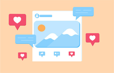 Social media post. Window with picture and text, people evaluating thoughts on another persons blog. Communication on Internet, modern digital technologies, like. Cartoon flat vector illustration