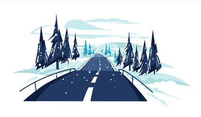 Empty country scene among hills with snowy road and fir-trees. Winter road or flat vector illustration.