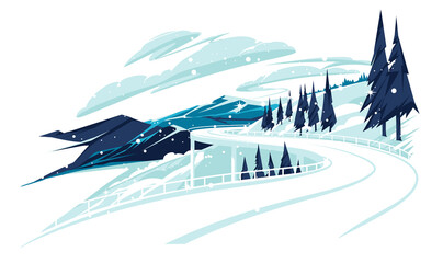 Automobile road in the mountains in winter. Flat vector landscape of hills, mountains and highway Illustration of overpass with cement barrier.