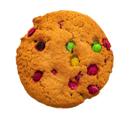 Snacks isolate close-up. Cookies interspersed with colored balls on a white background