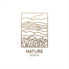 Linear nature logo. Mountain minimalistic landscape icon with waves structure. Vector pattern wavy lines. Ornamental rectangular emblem for design geologic and mineral industry, travel, ecology, yoga