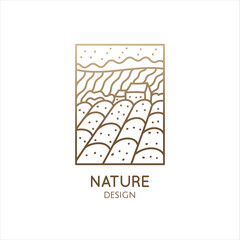 Vector rectangular logo of nature elements. Linear icon of landscape with trees, river, fields and sun - business emblems, badge for a travel, farming and ecology concepts, healthy food.