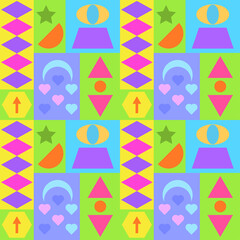 Retro 90s background with geometry shapes. Abstract geometric composition for web background, poster art design, book covers, advertising, print for fabric. Bauhaus concept. Flat vector illustration