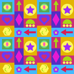 Retro 90s background with geometric shapes. Bauhaus concept. Abstract geometric composition for web background, poster art design, book covers, advertising, print for fabric. Vector illustration