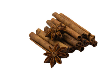 cinnamon sticks and anise stars isolated on white background, healthy eating, copy space, horizontal